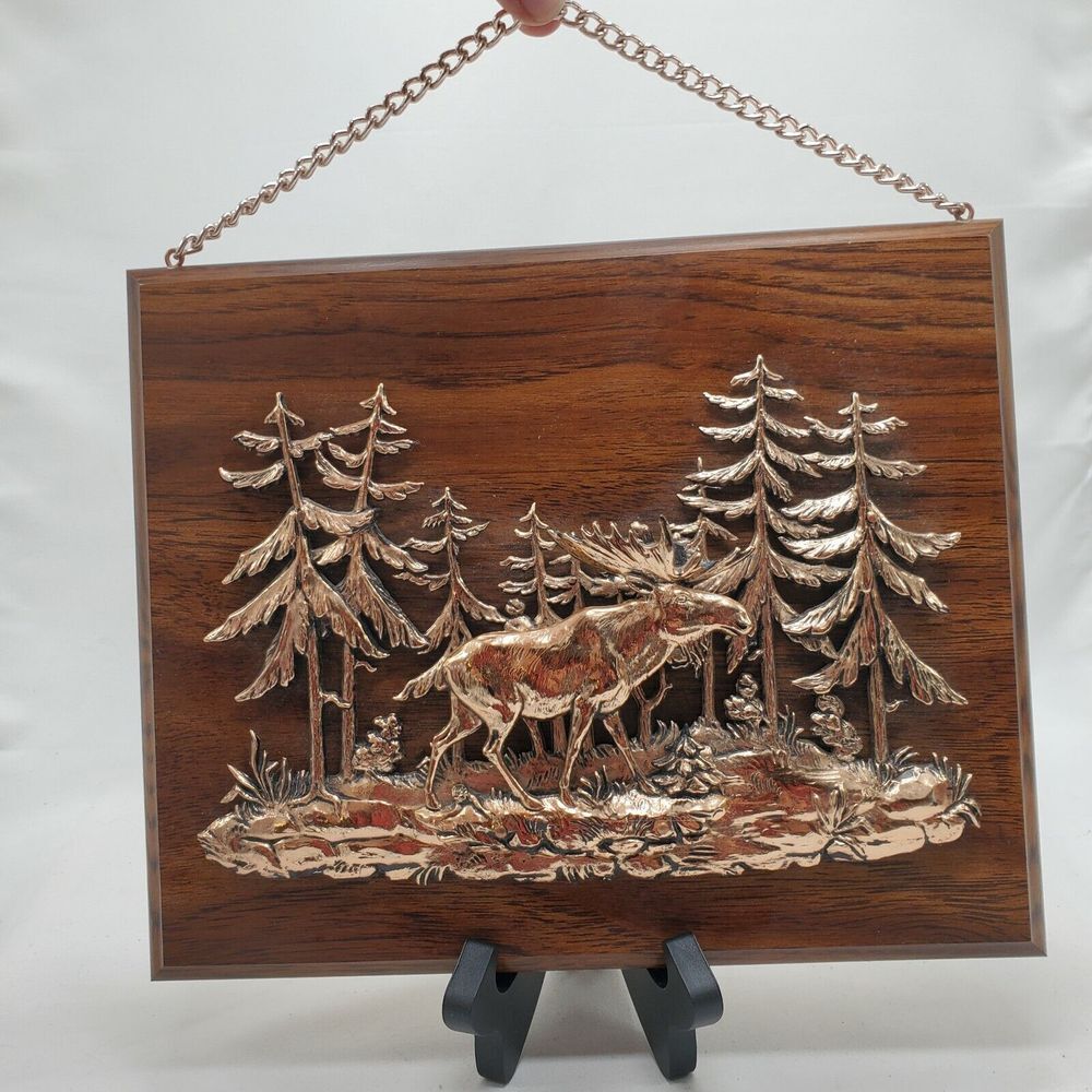 Vintage A&J Copper & Wood 3D Moose Wall Hanging Plaque Made in Canada Cabin